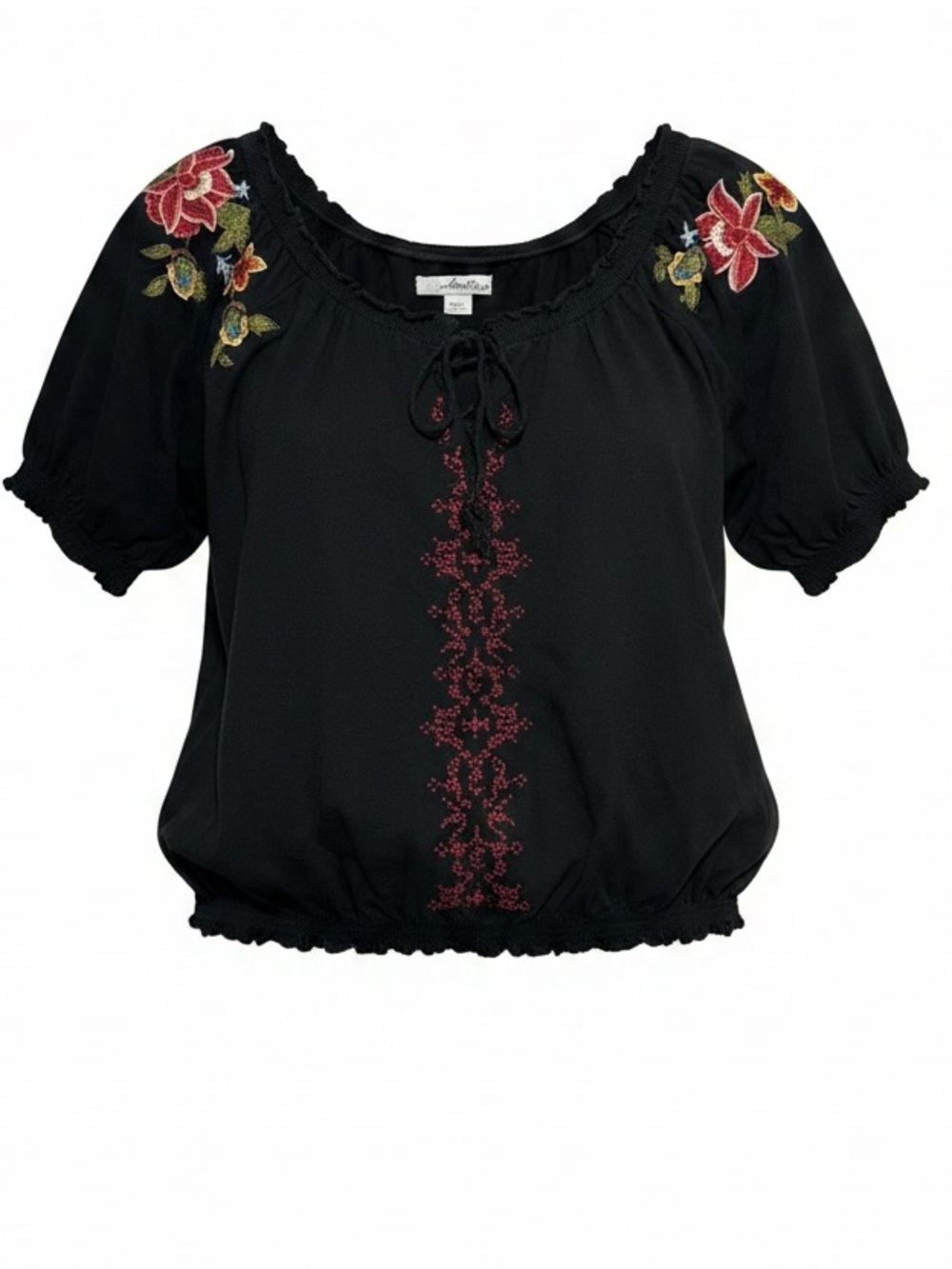 Adobe Rose Black Embroidered Boho Peasant Blouse Top Women’s Sz L